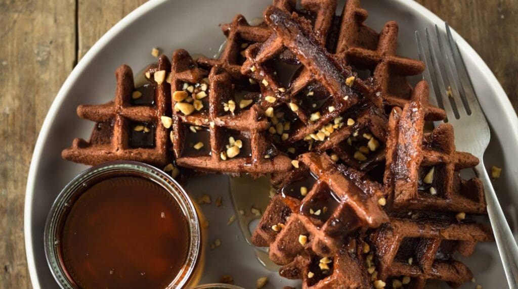 delicious chocolate waffles with chocolate sauce