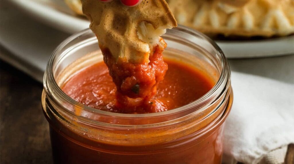 pizza waffle being dipped in marinara sauce