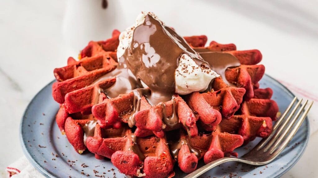 red velvet waffles with whipped cream and chocolate sauce