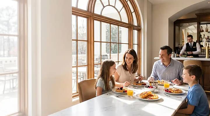 family enjoying a waffle breakfast in a restaurant