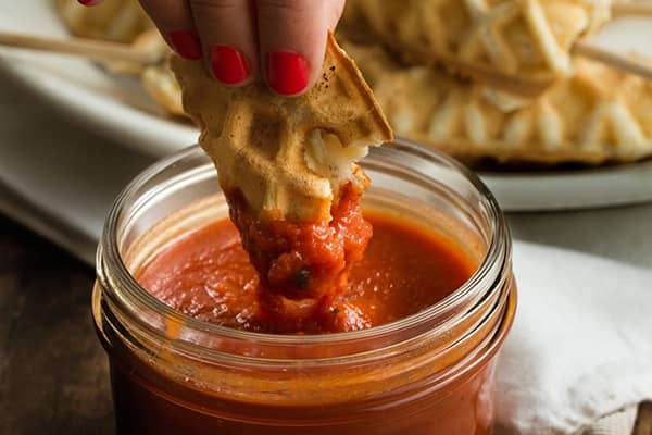 pizza-waffle-mix pizza waffle dipped in marinara sauce