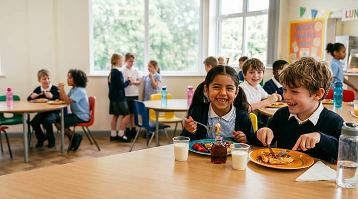 school children enjoying waffle Wednesday