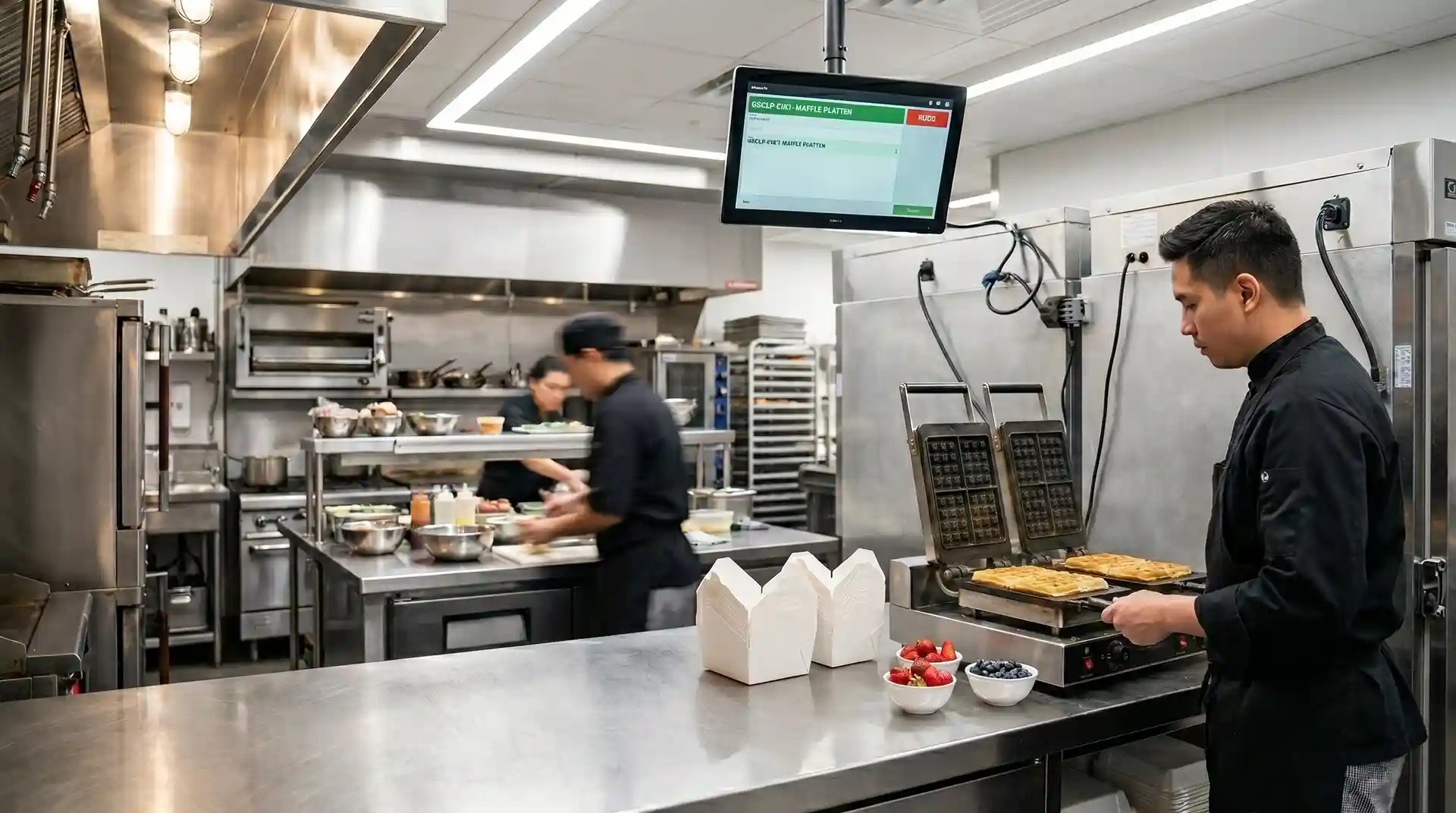 employee making waffles in a ghost kitchen for a delivery order